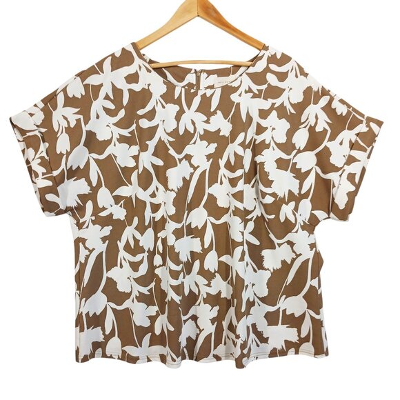 Melloday, Women's 2X Floral Print Top, Short Sleeve, Tan & White, 1/4 Zip Back - Picture 1 of 12